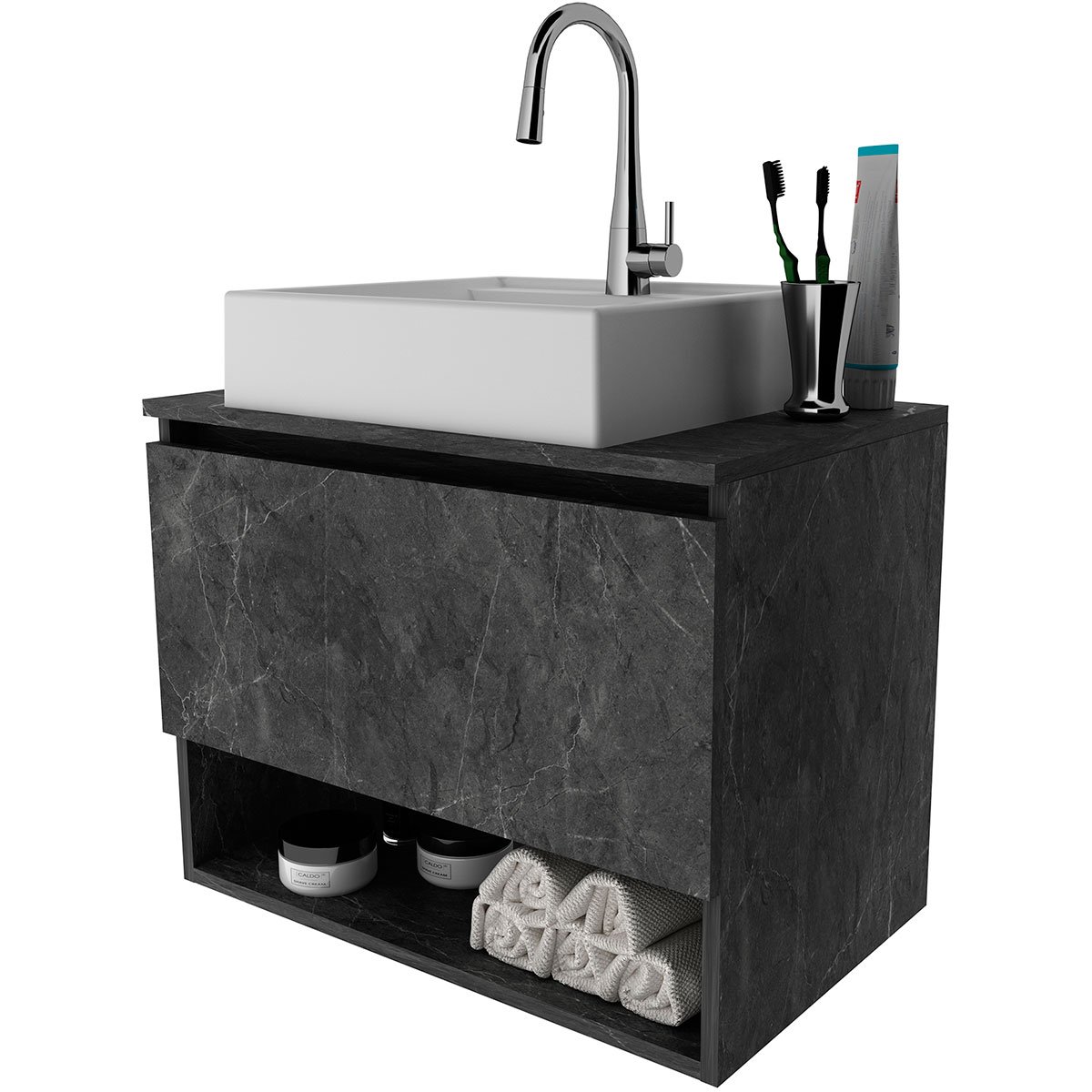 Gabinete de Banheiro 60 cm 1 Porta com Cuba Valente Mármore Lunar