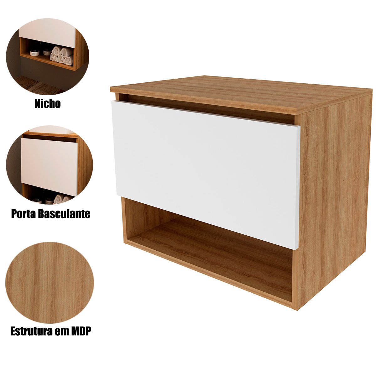 Gabinete de Banheiro 60 cm 1 Porta e Nicho Valente Amêndoa/Branco