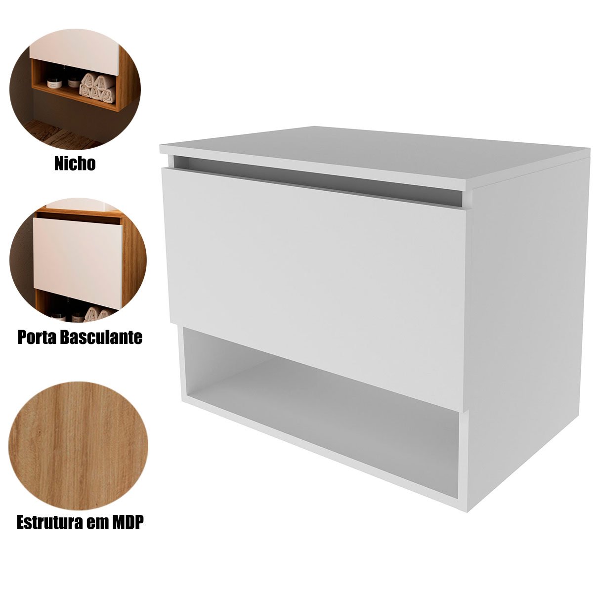 Gabinete de Banheiro 60 cm 1 Porta e Nicho Valente Branco