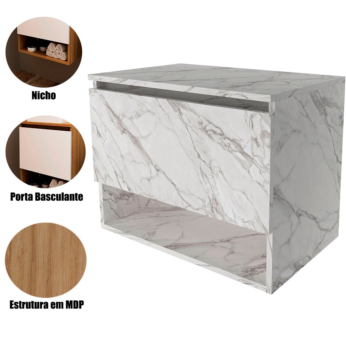 Gabinete de Banheiro 60 cm 1 Porta e Nicho Valente Mármore Branco