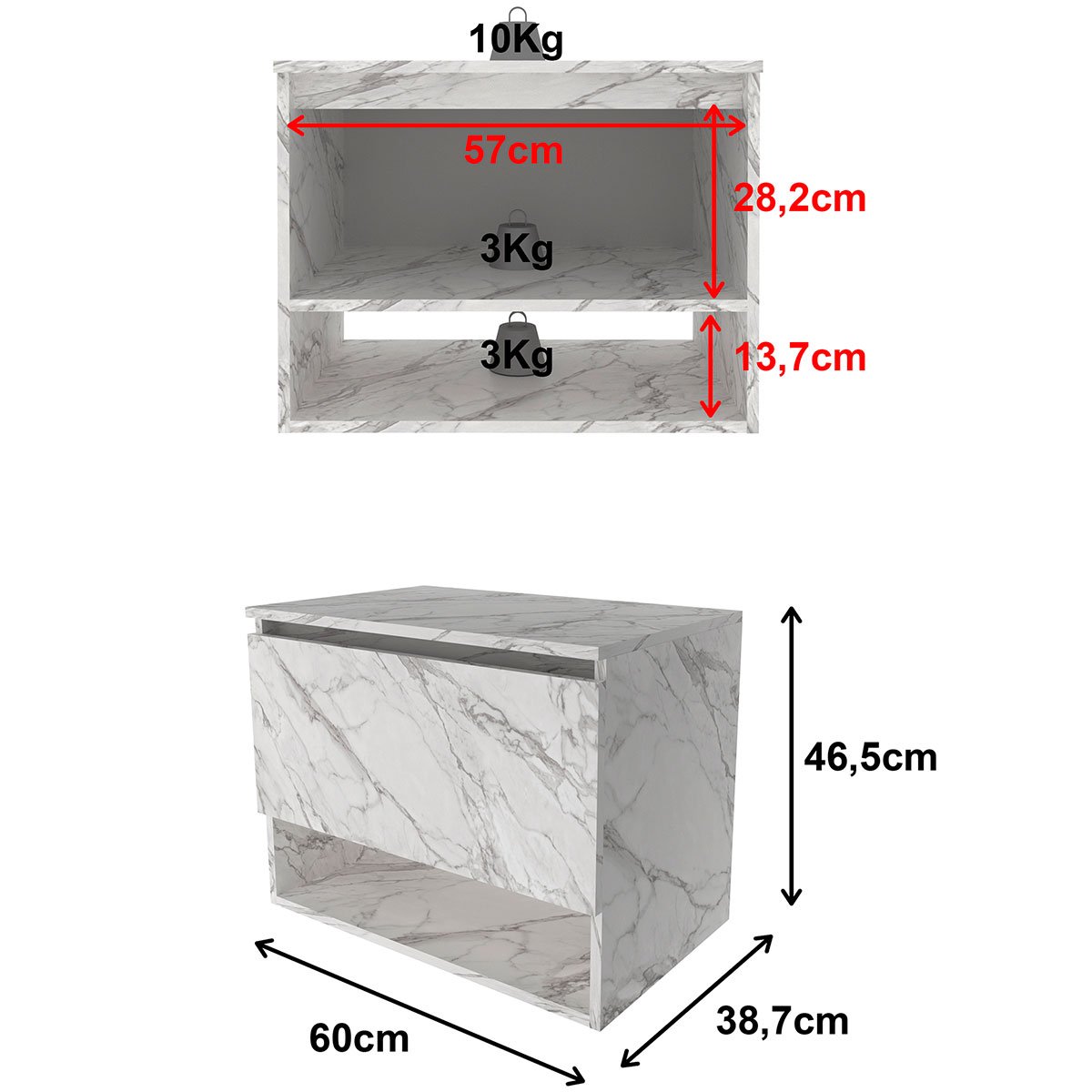 Gabinete de Banheiro 60 cm 1 Porta e Nicho Valente Mármore Branco