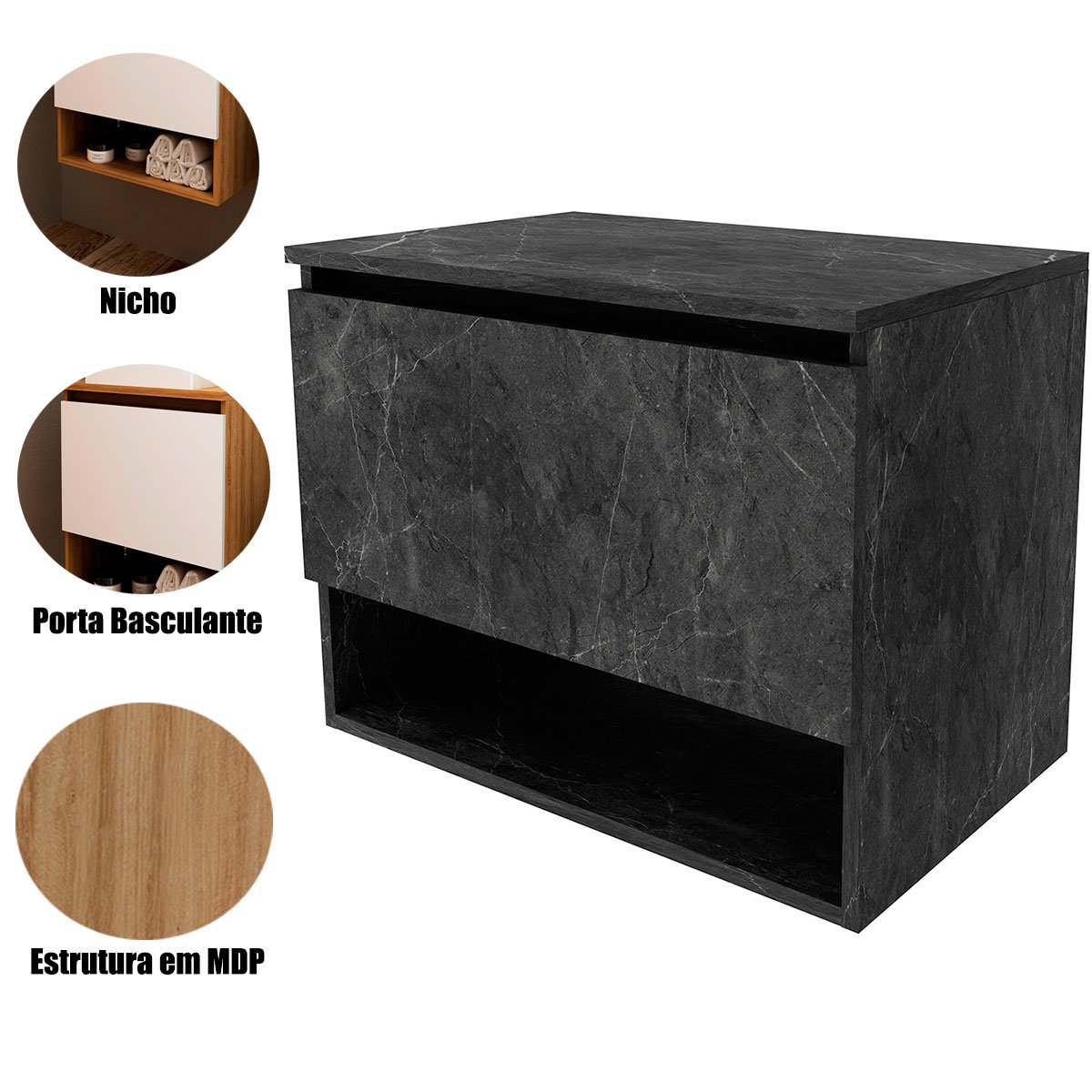 Gabinete de Banheiro 60 cm 1 Porta e Nicho Valente Mármore Lunar
