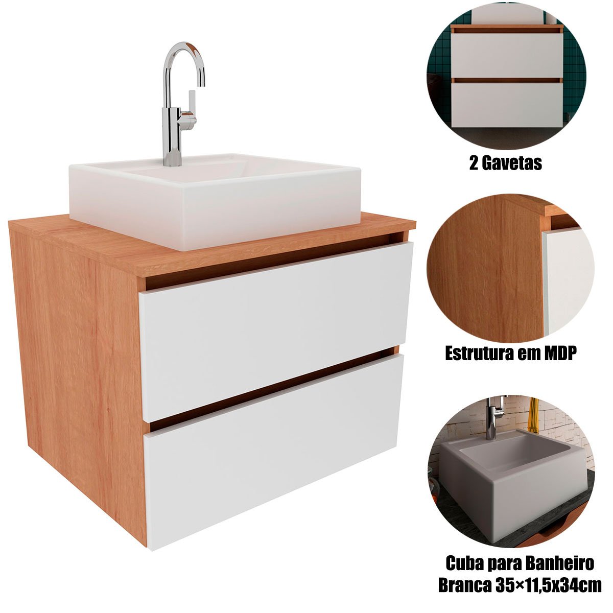 Gabinete de Banheiro 60 cm 2 Gavetas com Cuba Joana Amêndoa/Branco