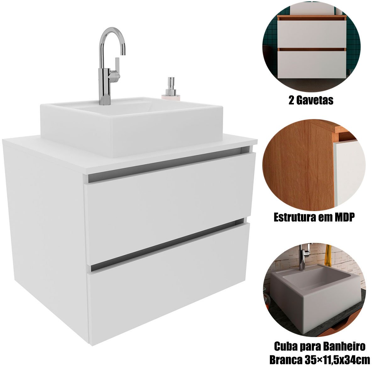 Gabinete de Banheiro 60 cm 2 Gavetas com Cuba Joana Branco