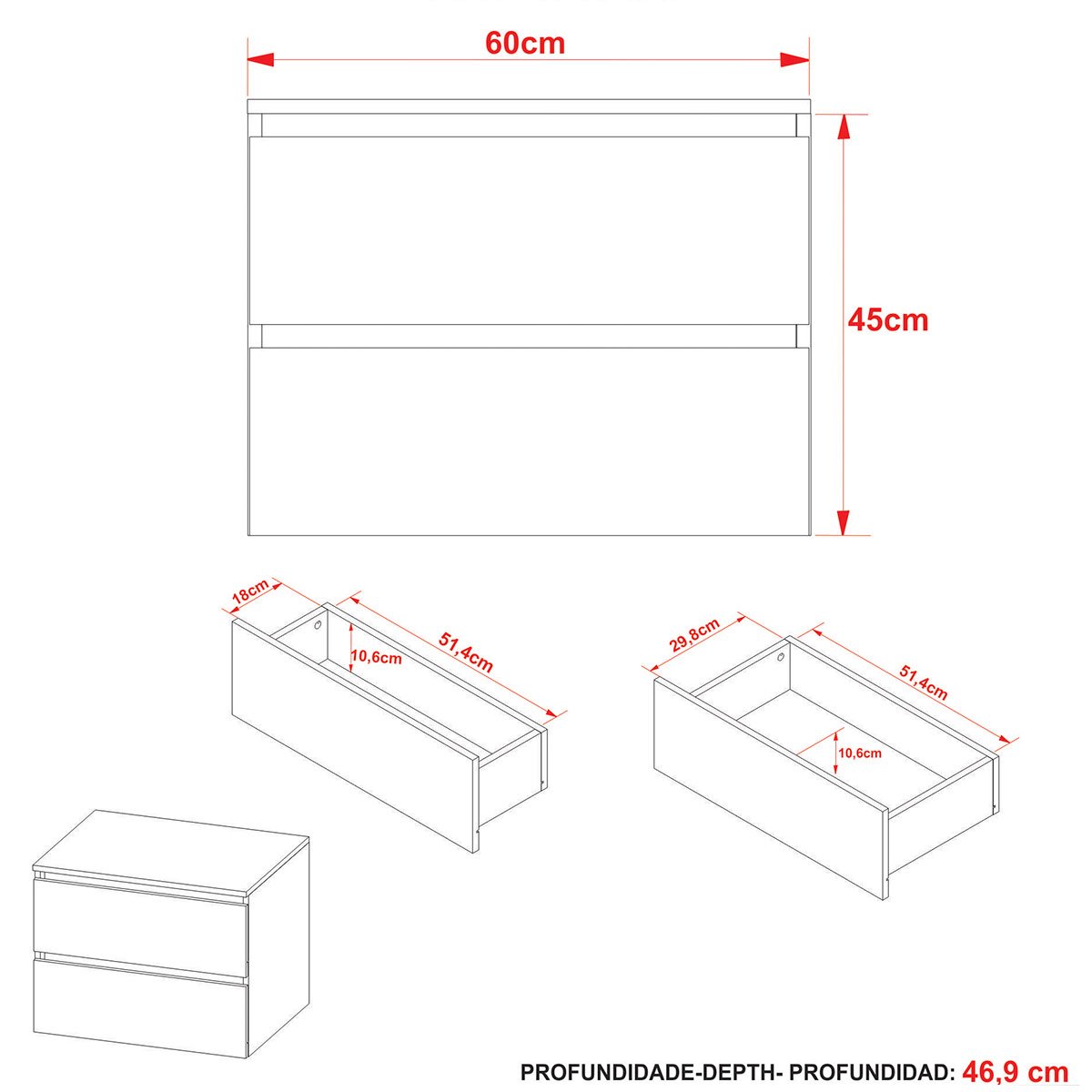 Gabinete de Banheiro 60 cm 2 Gavetas com Cuba Joana Branco
