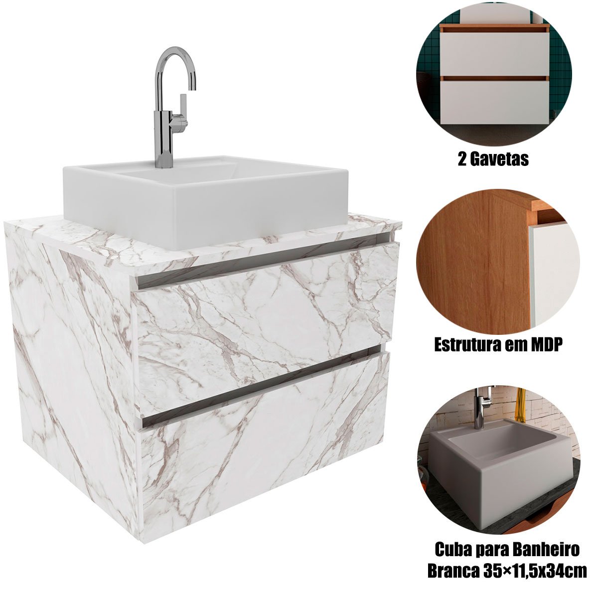 Gabinete de Banheiro 60 cm 2 Gavetas com Cuba Joana Mármore Branco