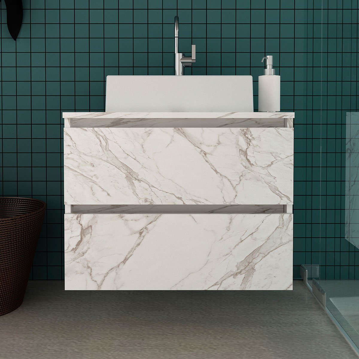 Gabinete de Banheiro 60 cm 2 Gavetas com Cuba Joana Mármore Branco