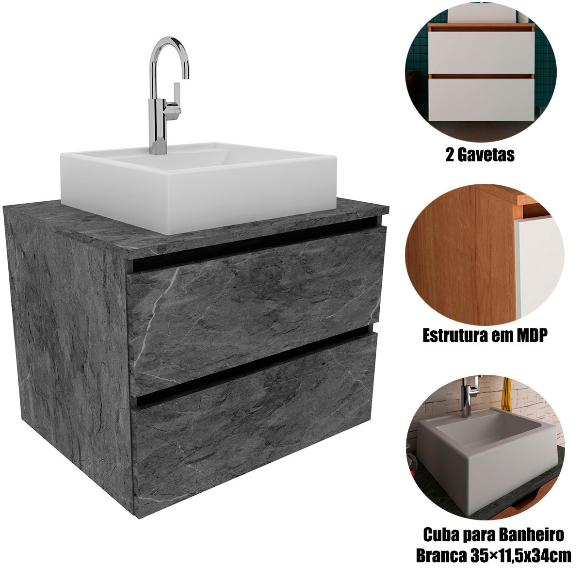Gabinete de Banheiro 60 cm 2 Gavetas com Cuba Joana Mármore Lunar