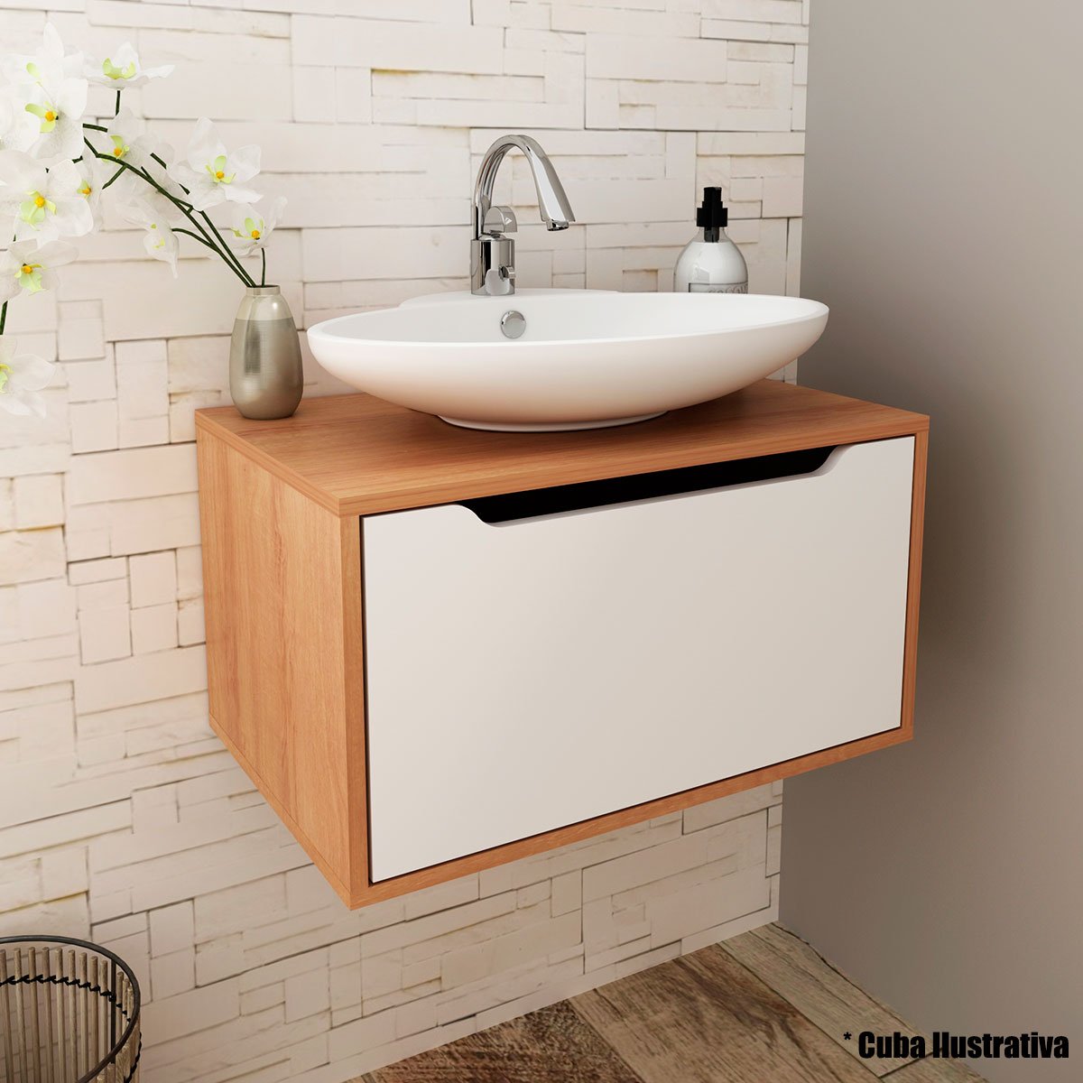 Gabinete de Banheiro 60 cm com 1 Porta Basculante Amendôa/Branco