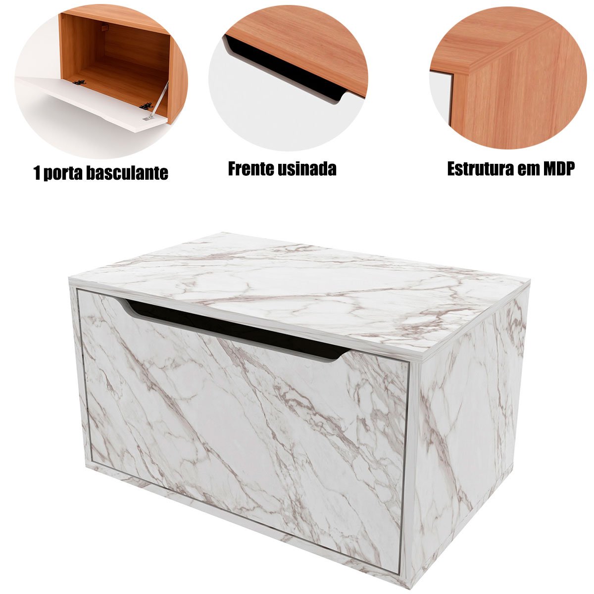 Gabinete de Banheiro 60 cm com 1 Porta Basculante Mármore Branco