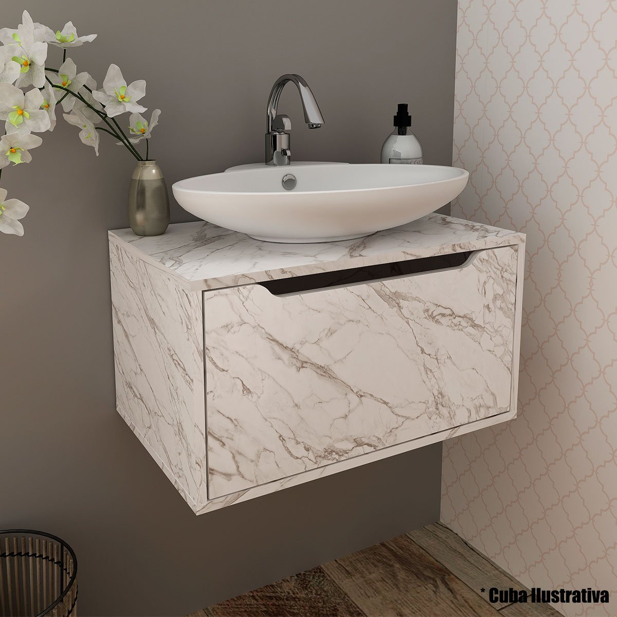 Gabinete de Banheiro 60 cm com 1 Porta Basculante Mármore Branco