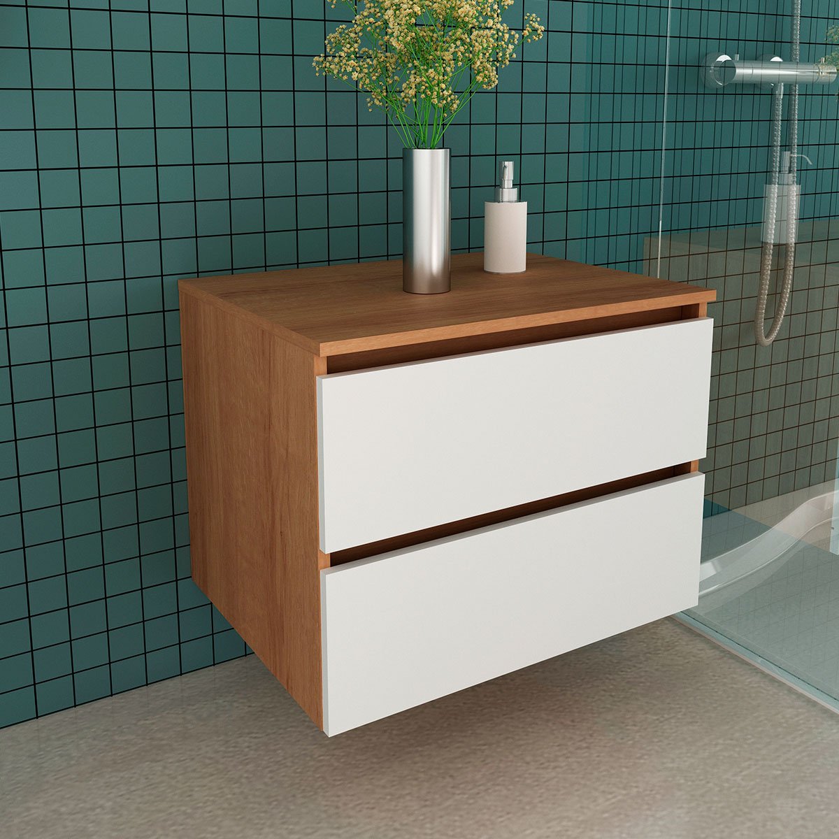 Gabinete de Banheiro 60 cm com 2 Gavetas Joana Amêndoa/Branco