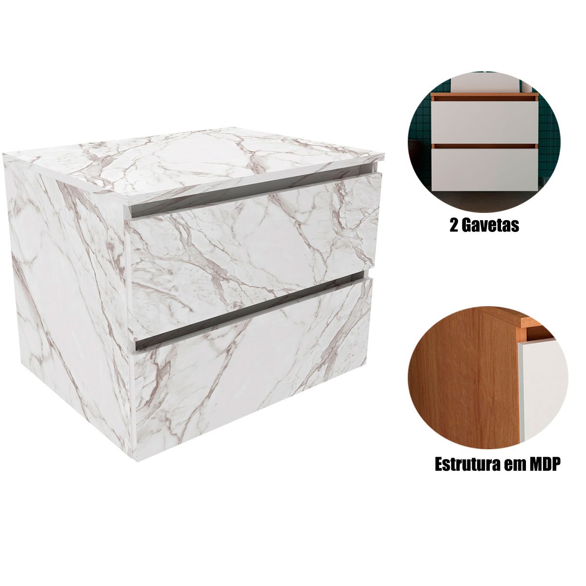 Gabinete de Banheiro 60 cm com 2 Gavetas Joana Mármore Branco