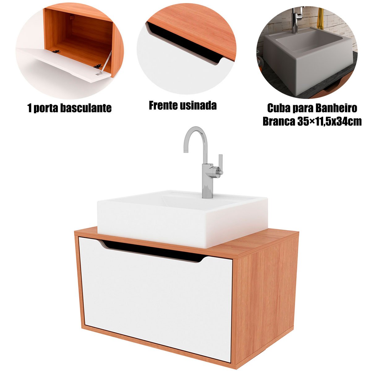 Gabinete de Banheiro 60 cm com Cuba e 1 Porta Basculante Amêndoa/Branco