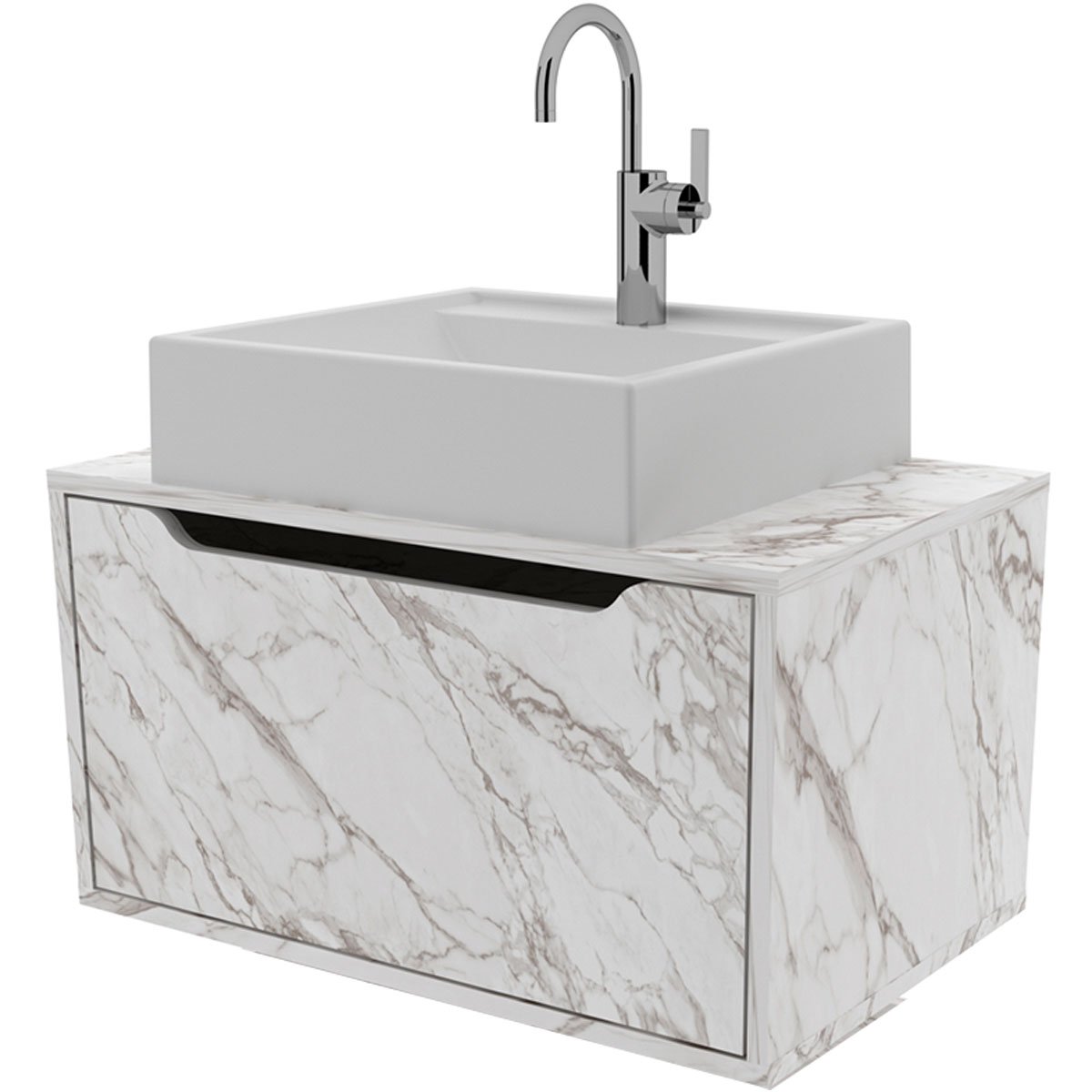 Gabinete de Banheiro 60 cm com Cuba e 1 Porta Basculante Mármore Branco