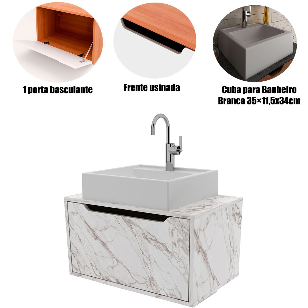 Gabinete de Banheiro 60 cm com Cuba e 1 Porta Basculante Mármore Branco