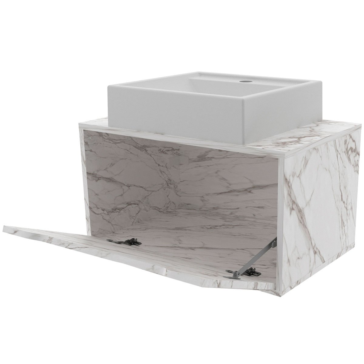 Gabinete de Banheiro 60 cm com Cuba e 1 Porta Basculante Mármore Branco