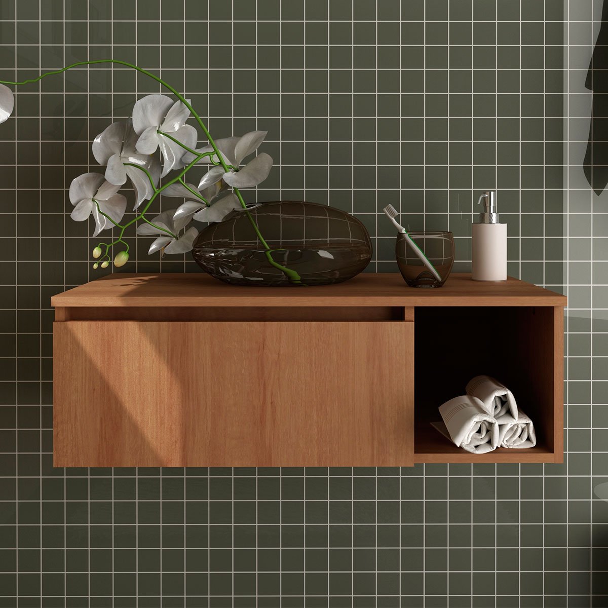 Gabinete de Banheiro 80 cm com 1 Porta e Nicho Marina Amêndoa