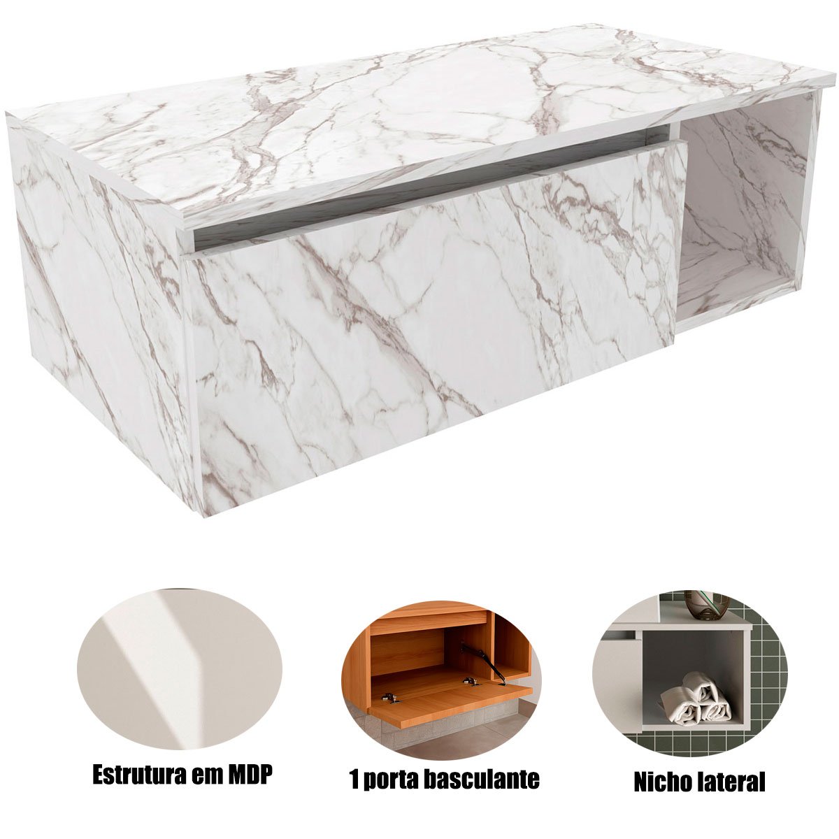 Gabinete de Banheiro 80 cm com 1 Porta e Nicho Marina Mármore Branco