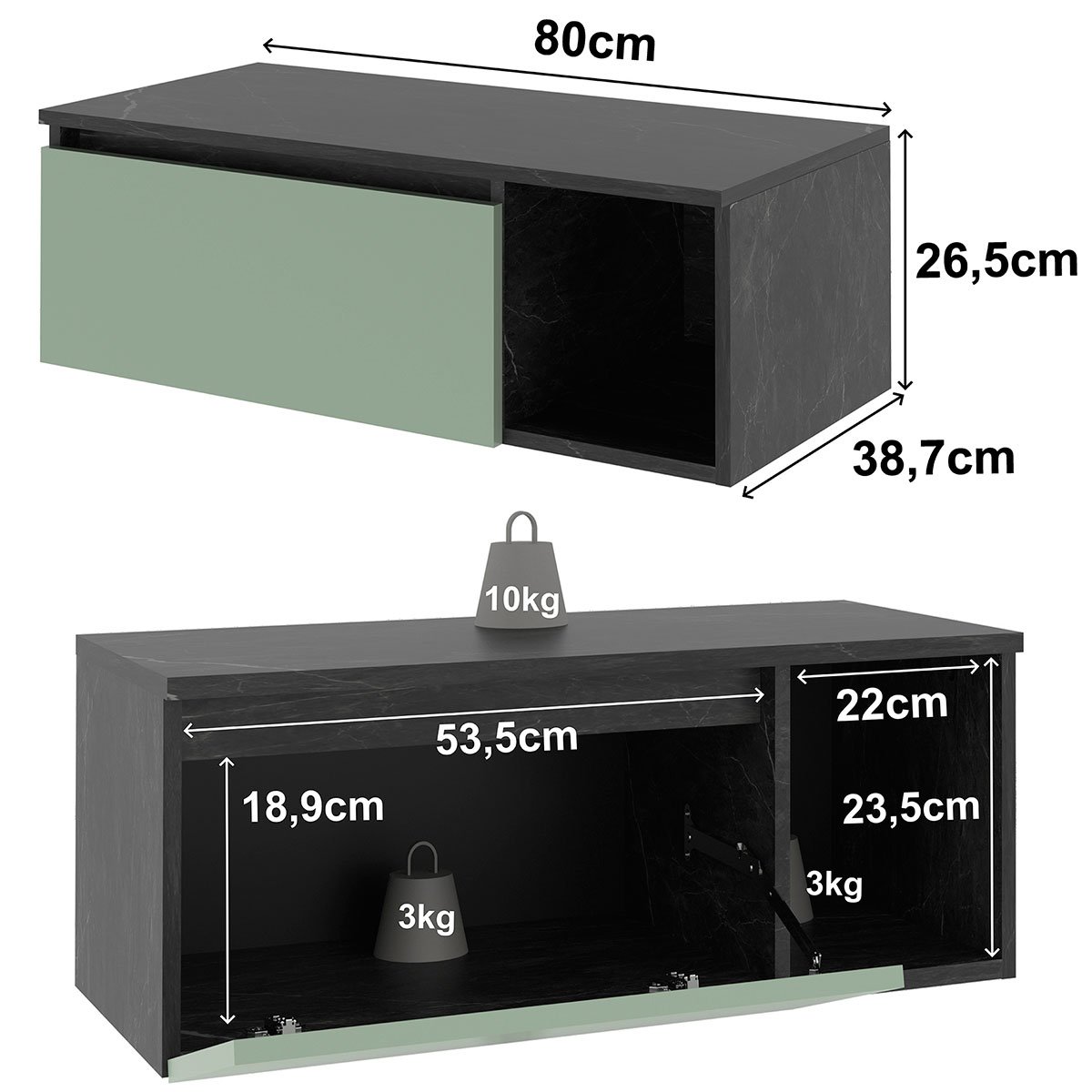 Gabinete de Banheiro 80 cm com 1 Porta e Nicho Marina Mármore Lunar/Verde Mar