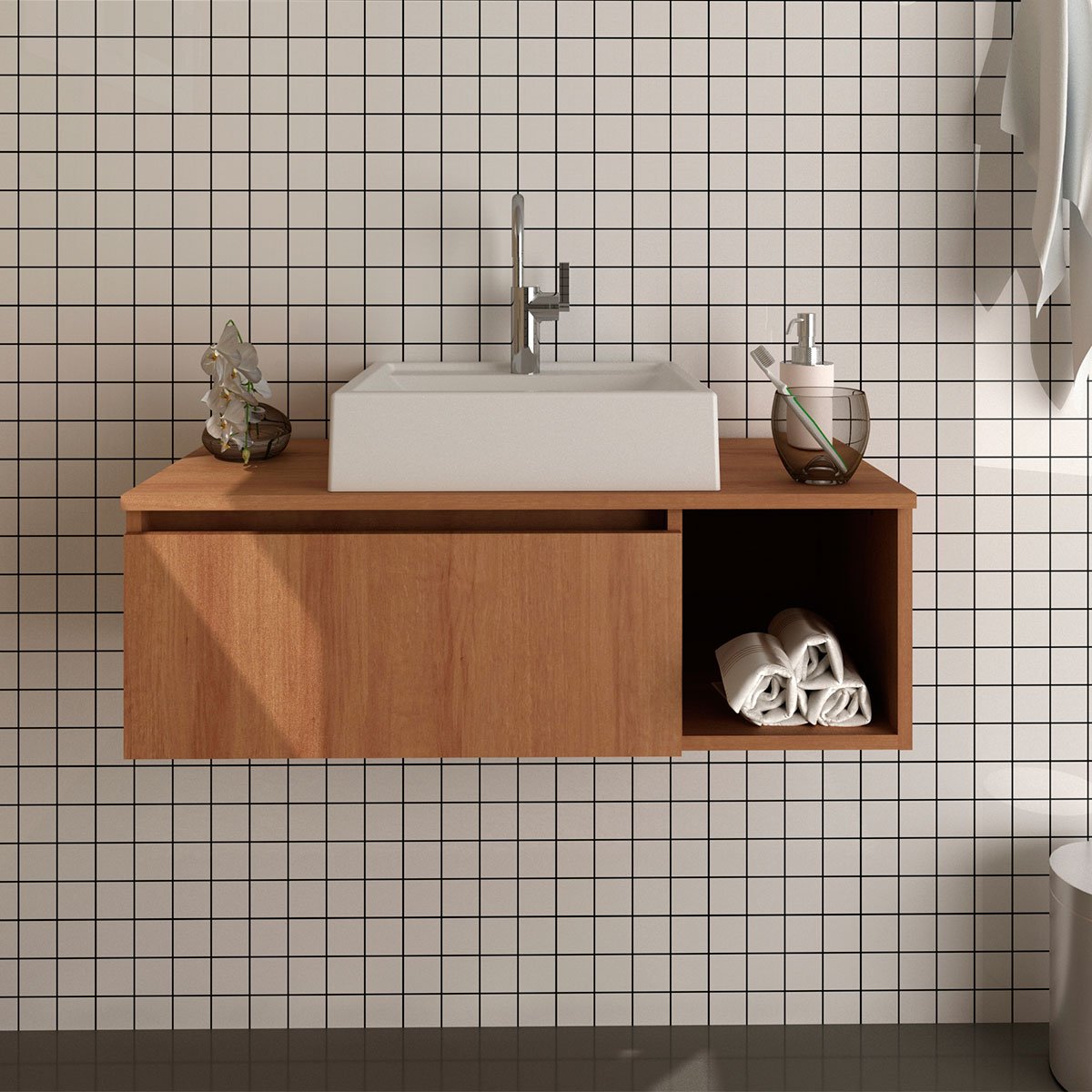 Gabinete de Banheiro 80 cm com Cuba 1 Porta e Nicho Amêndoa