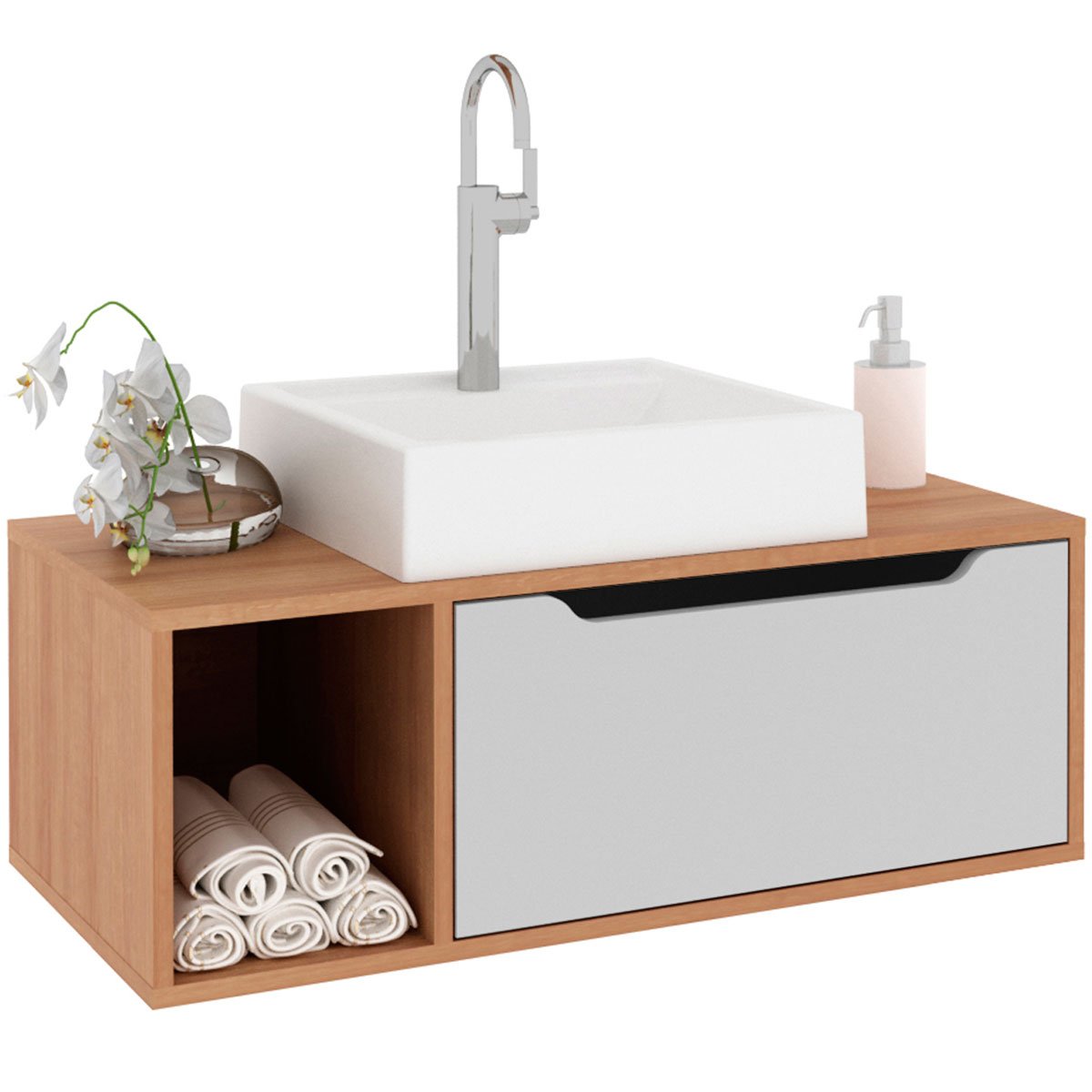 Gabinete de Banheiro 80 cm com Cuba 1 Porta e Nicho Amêndoa/Branco