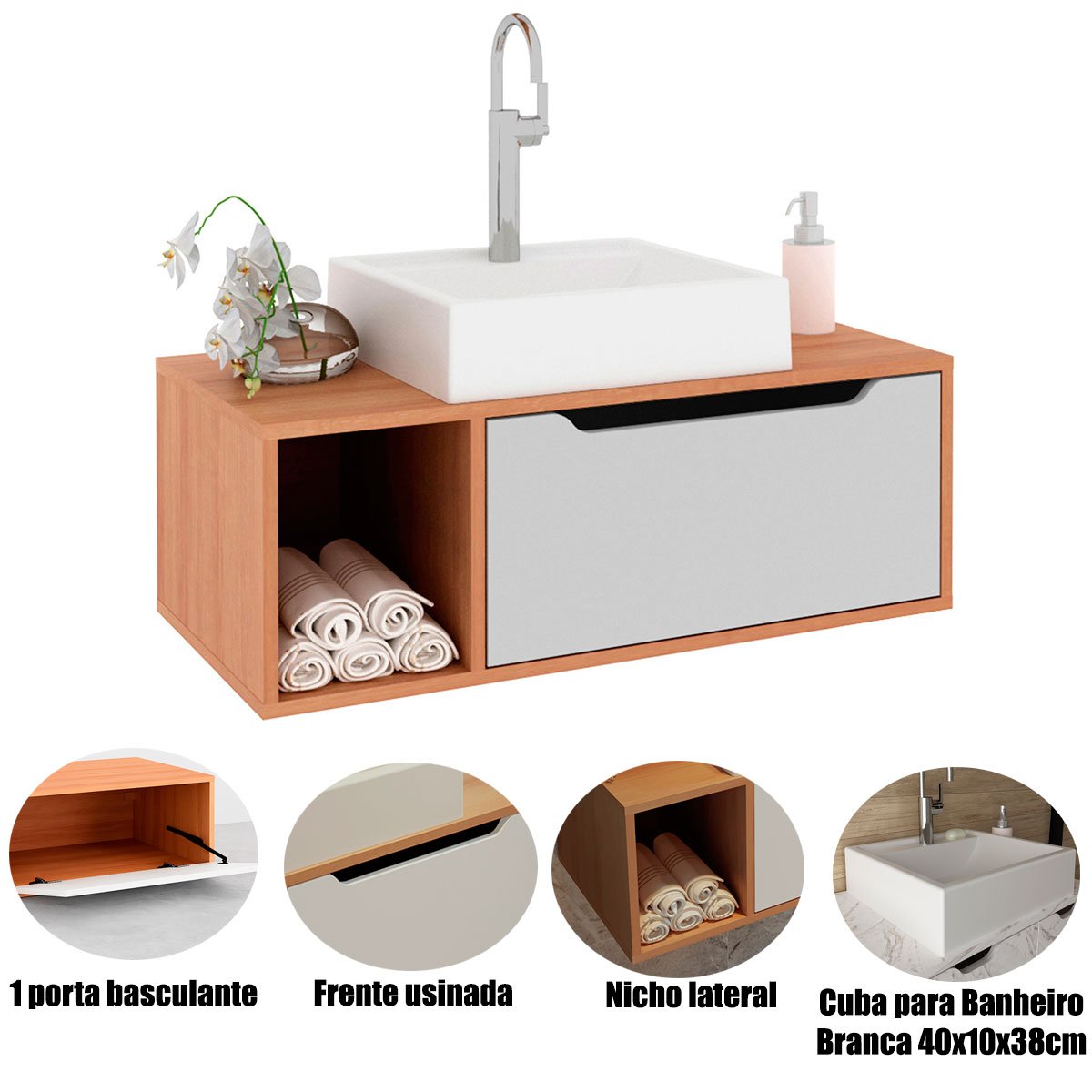 Gabinete de Banheiro 80 cm com Cuba 1 Porta e Nicho Amêndoa/Branco