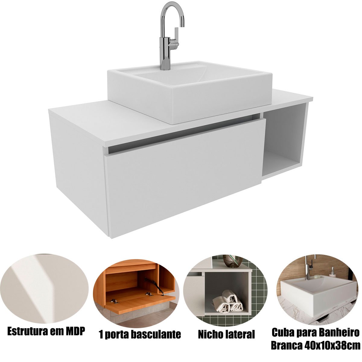 Gabinete de Banheiro 80 cm com Cuba 1 Porta e Nicho Branco