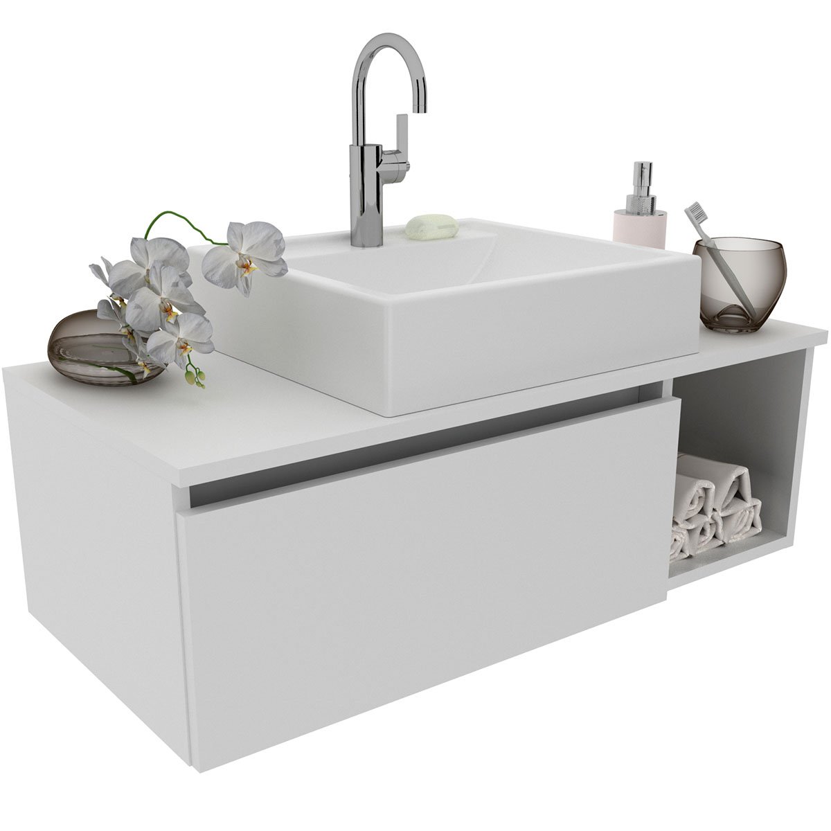 Gabinete de Banheiro 80 cm com Cuba 1 Porta e Nicho Branco