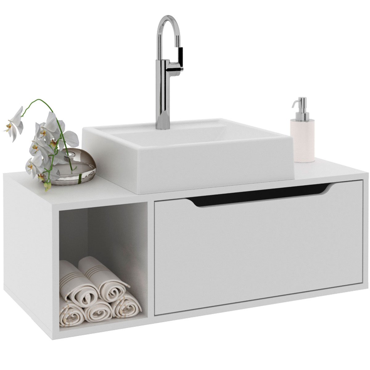 Gabinete de Banheiro 80 cm com Cuba 1 Porta e Nicho Branco