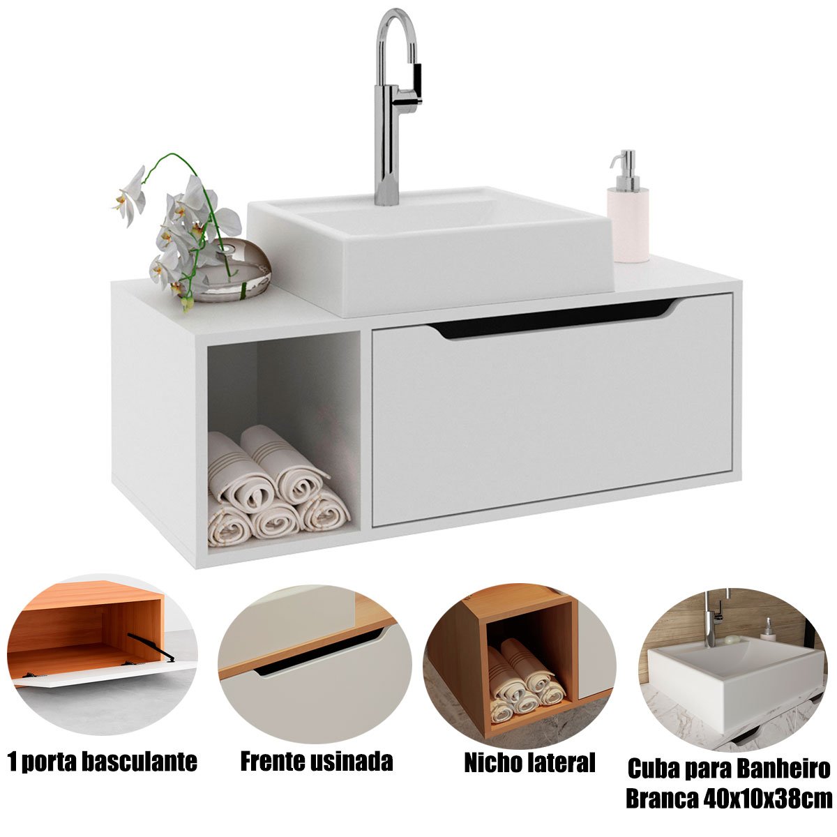Gabinete de Banheiro 80 cm com Cuba 1 Porta e Nicho Branco
