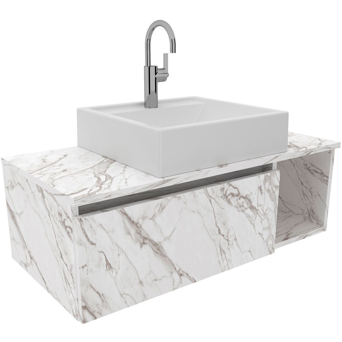 Gabinete de Banheiro 80 cm com Cuba 1 Porta e Nicho Mármore Branco