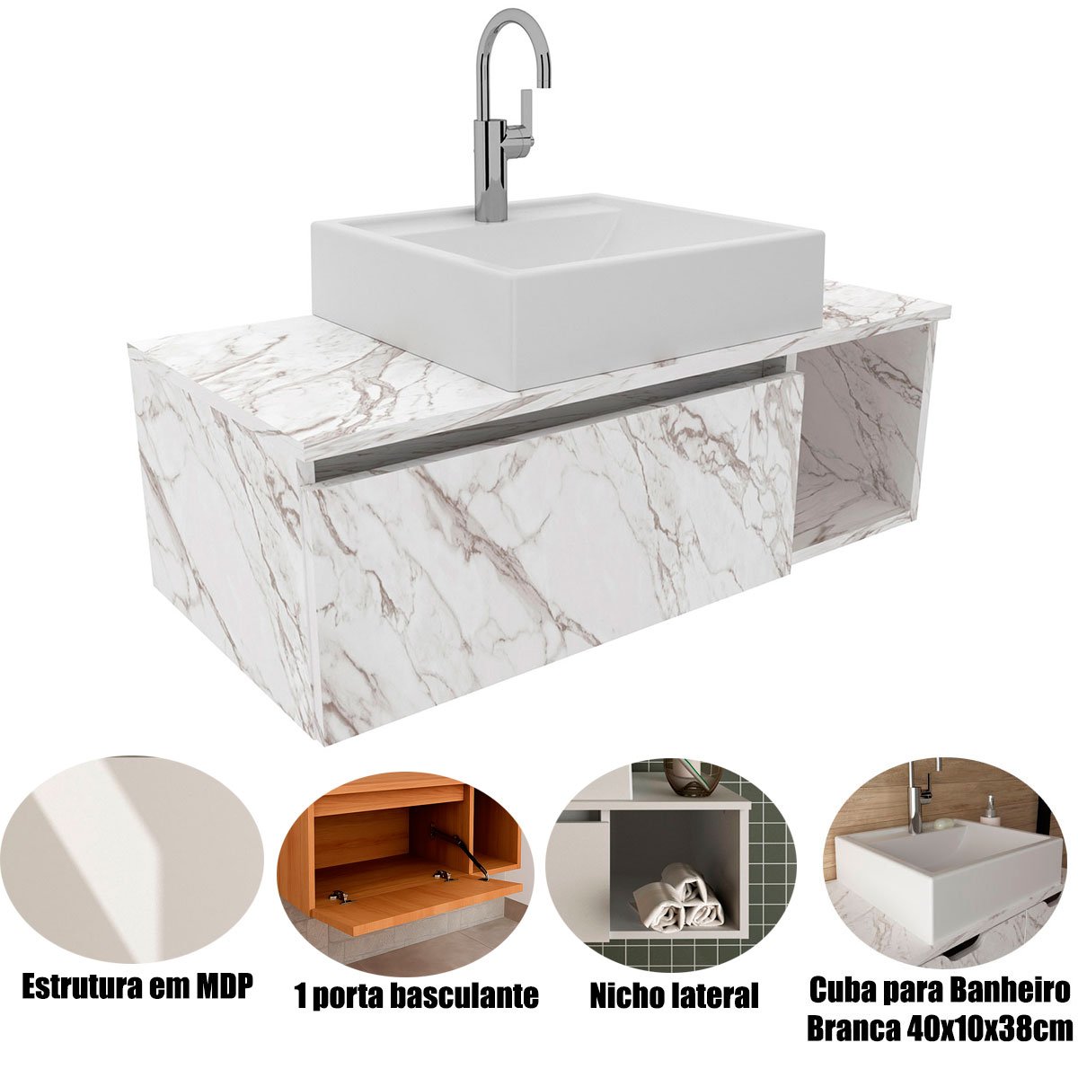 Gabinete de Banheiro 80 cm com Cuba 1 Porta e Nicho Mármore Branco