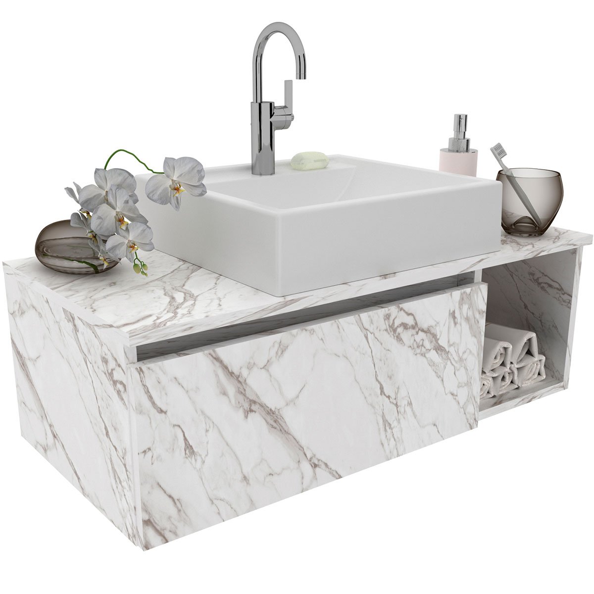 Gabinete de Banheiro 80 cm com Cuba 1 Porta e Nicho Mármore Branco