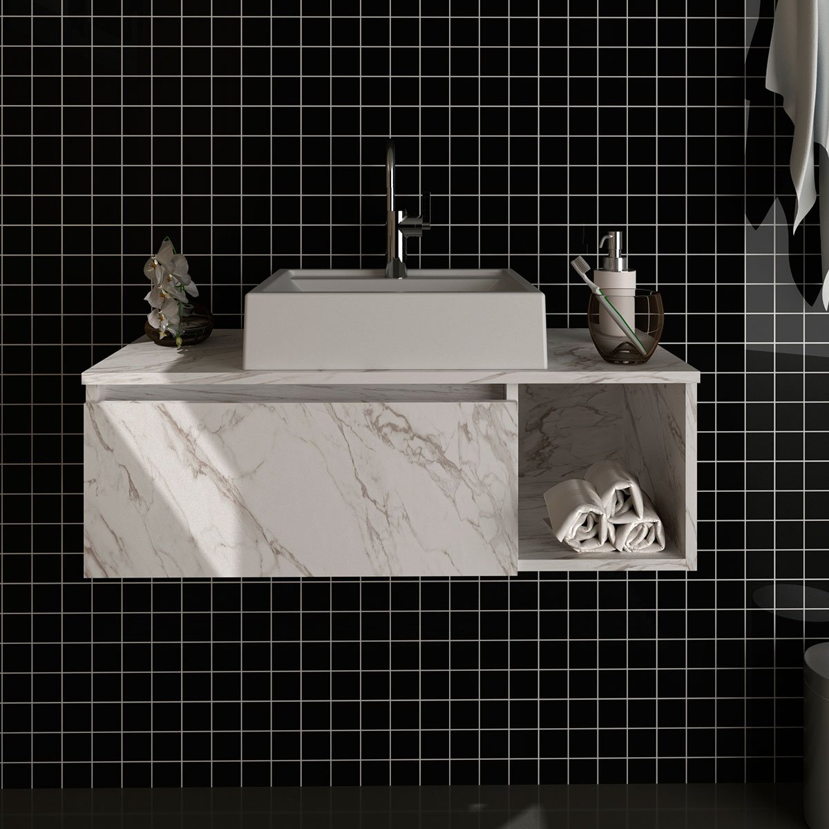 Gabinete de Banheiro 80 cm com Cuba 1 Porta e Nicho Mármore Branco