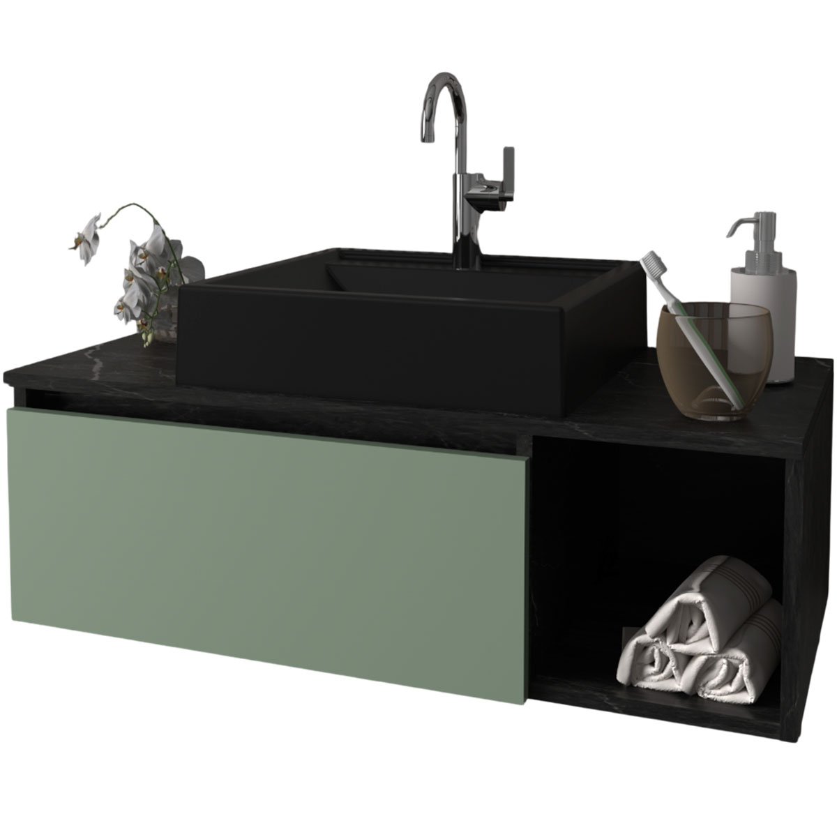 Gabinete de Banheiro 80 cm com Cuba 1 Porta e Nicho Mármore Lunar/Verde Mar