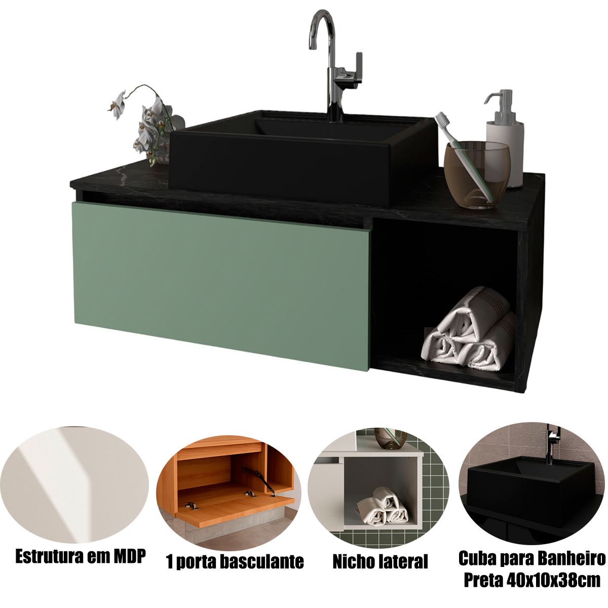 Gabinete de Banheiro 80 cm com Cuba 1 Porta e Nicho Mármore Lunar/Verde Mar