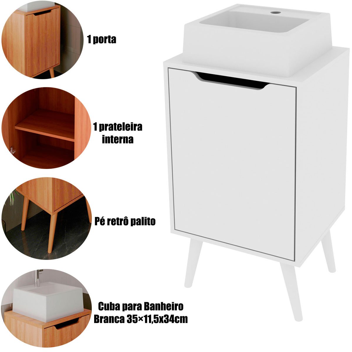Gabinete para Banheiro 45 cm Cuba Quadrada 1 Porta Retrô Branco