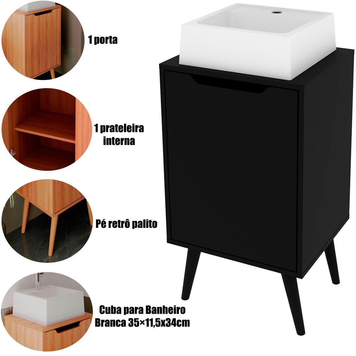 Gabinete para Banheiro 45 cm Cuba Quadrada 1 Porta Retrô Preto