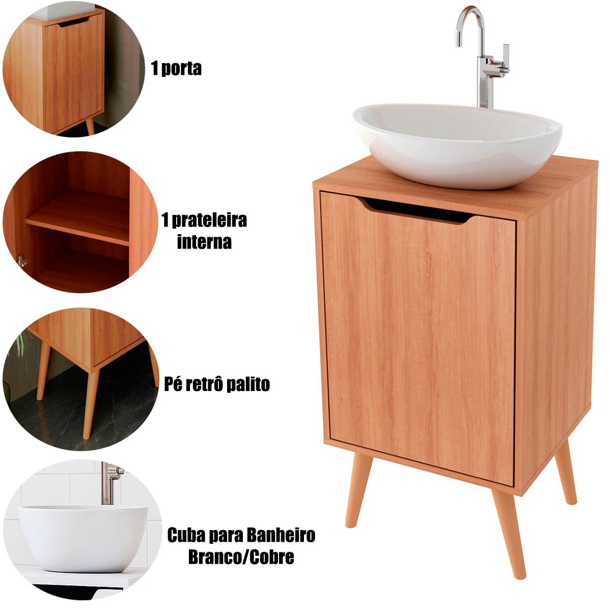 Gabinete para Banheiro 45 cm Cuba Redonda 1 Porta Retrô Amêndoa