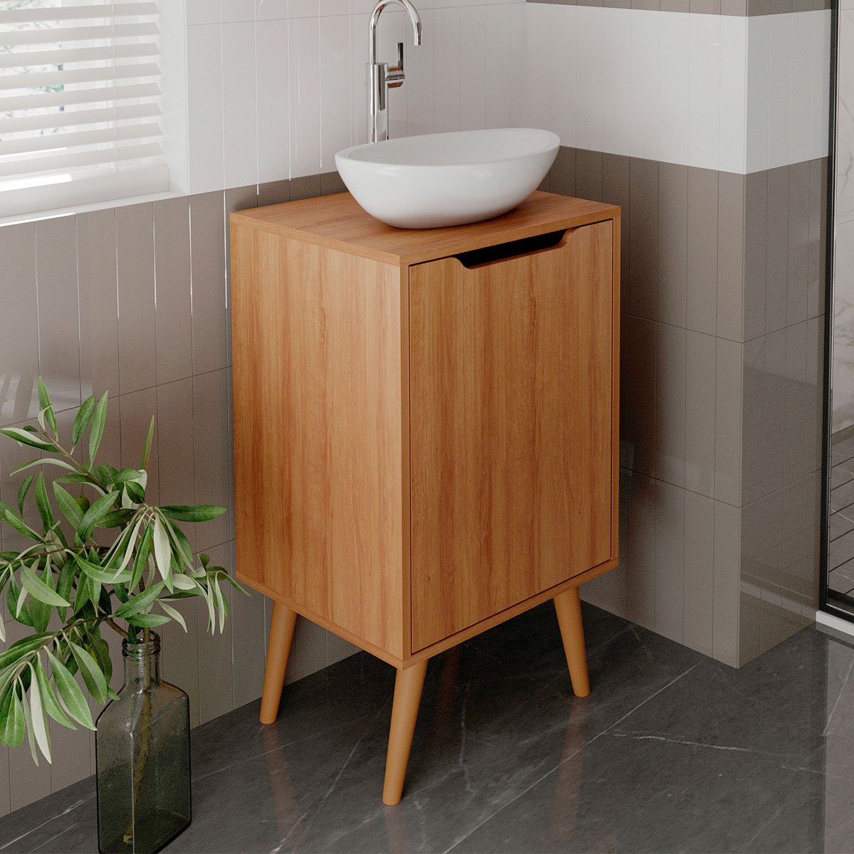 Gabinete para Banheiro 45 cm Cuba Redonda 1 Porta Retrô Amêndoa