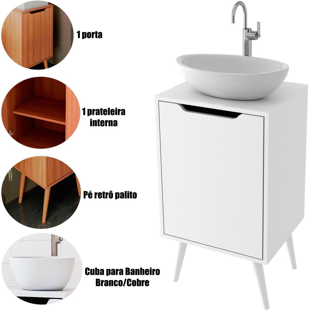 Gabinete para Banheiro 45 cm Cuba Redonda 1 Porta Retrô Branco