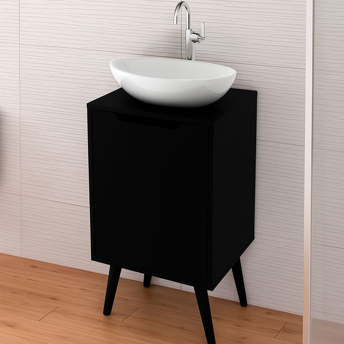 Gabinete para Banheiro 45 cm Cuba Redonda 1 Porta Retrô Preto
