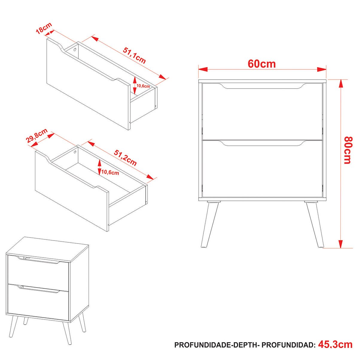 Gabinete para Banheiro 60 cm 2 Gavetas Robin Amêndoa