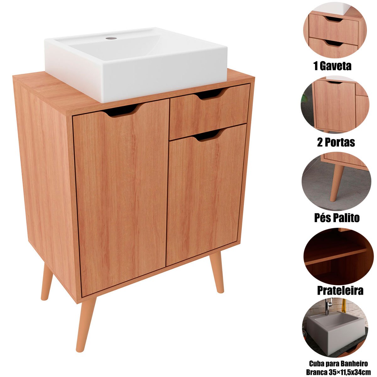 Gabinete para Banheiro 60 cm 2 Portas com Cuba Meire Amêndoa