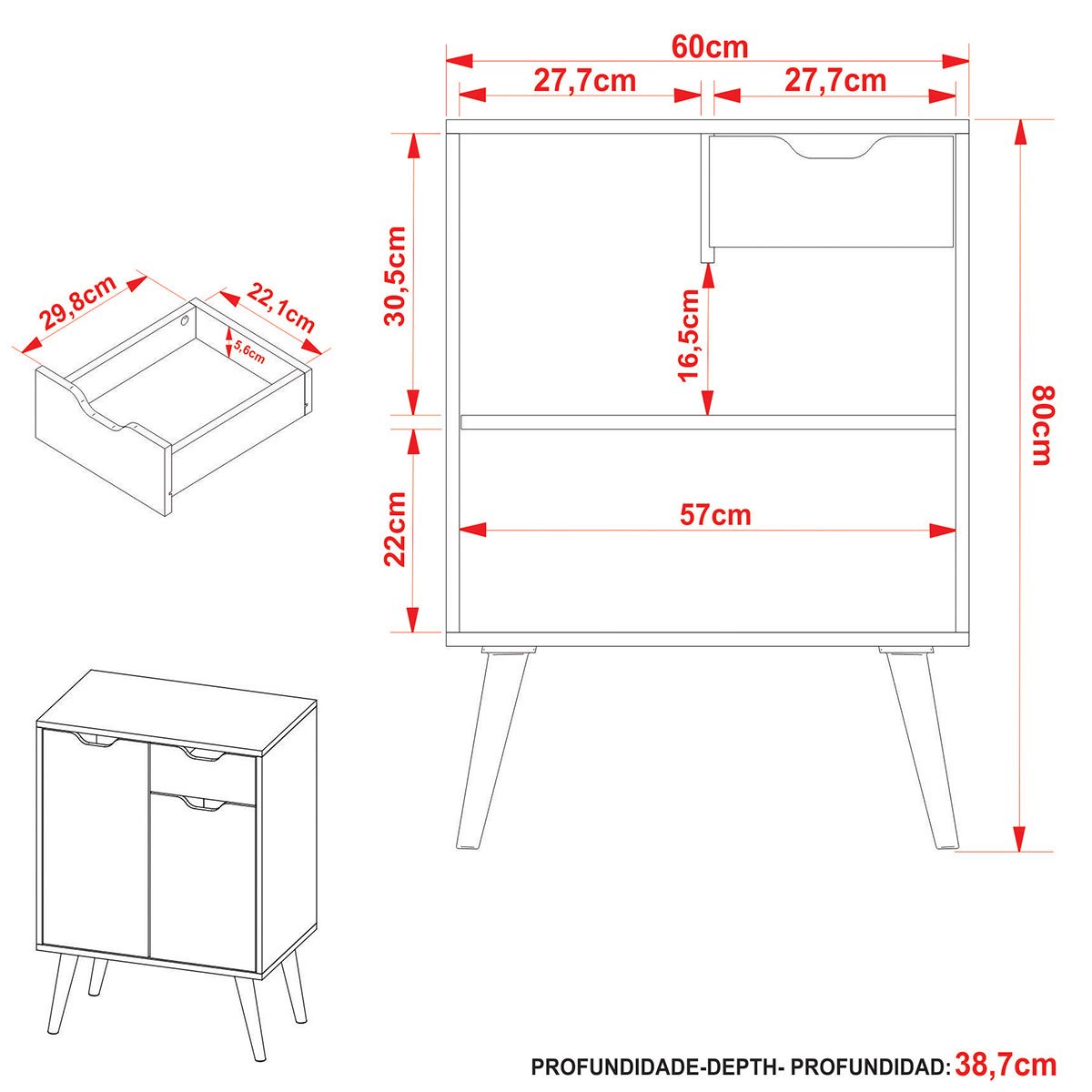 Gabinete para Banheiro 60 cm 2 Portas com Cuba Meire Amêndoa