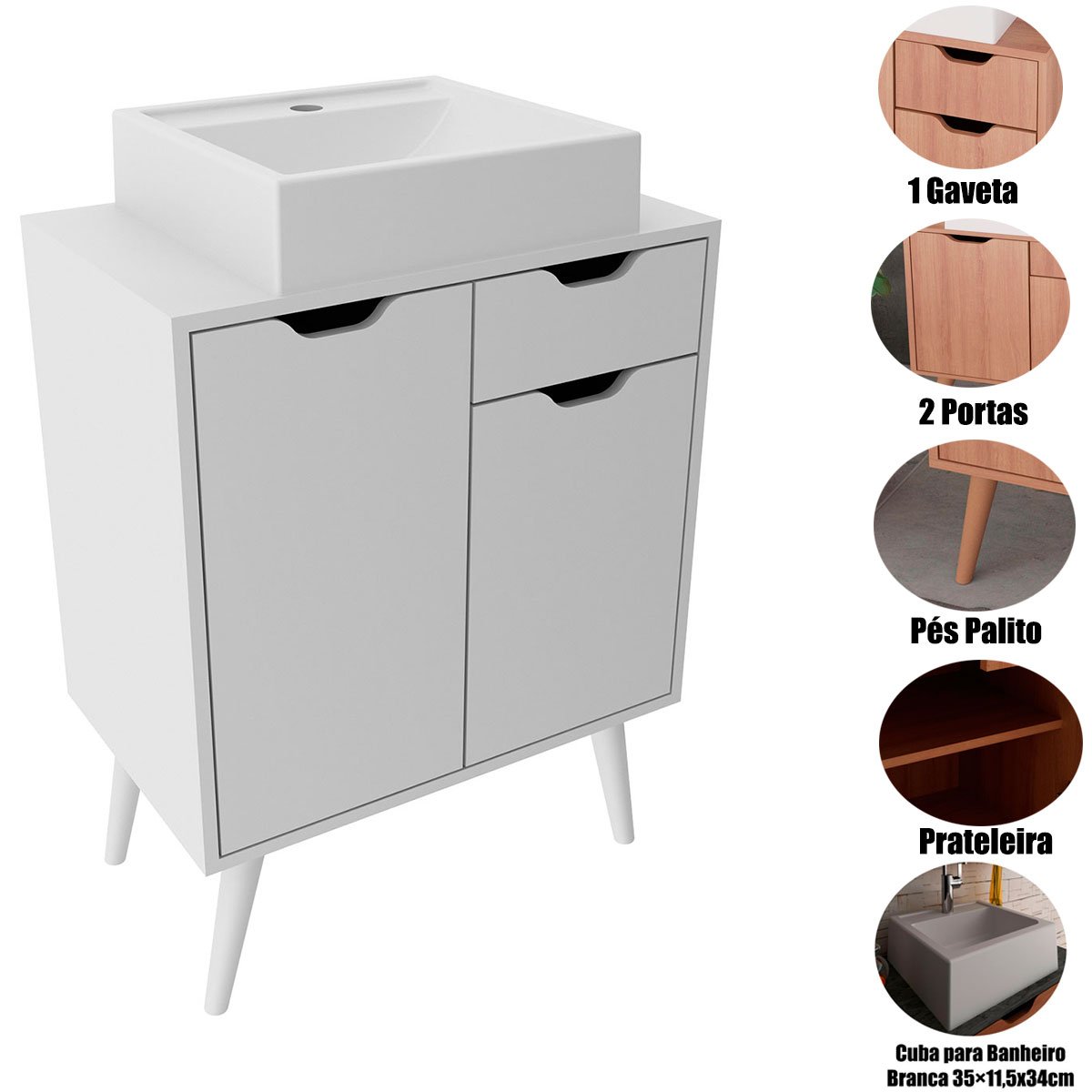 Gabinete para Banheiro 60 cm 2 Portas com Cuba Meire Branco