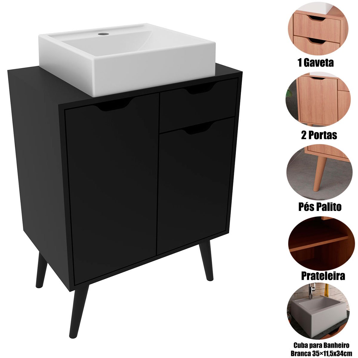 Gabinete para Banheiro 60 cm 2 Portas com Cuba Meire Preto