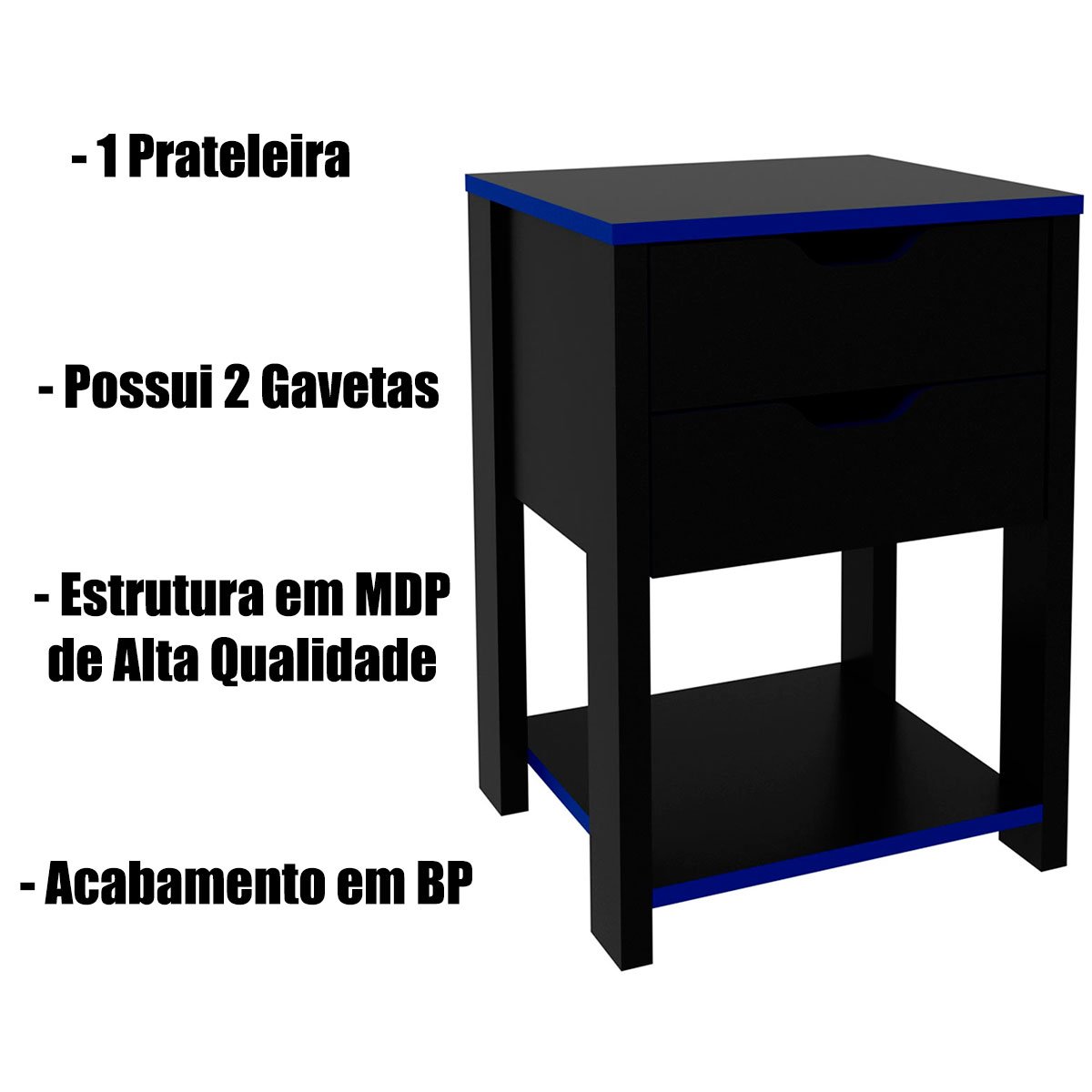 Gaveteiro Gamer para Escritório 2 Gavetas 1 Prateleira Preto/Azul