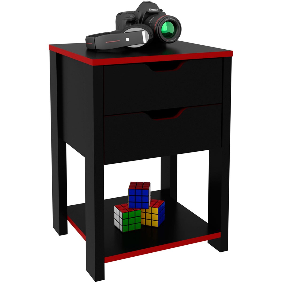 Gaveteiro Gamer para Escritório 2 Gavetas 1 Prateleira Preto/Vermelho